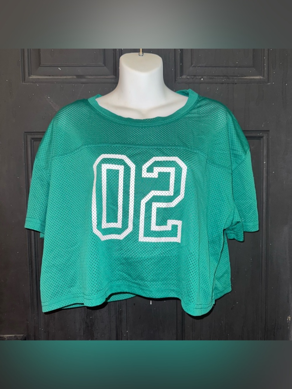 No Boundaries Teal Mesh Cropped Jersey Top with White '02'